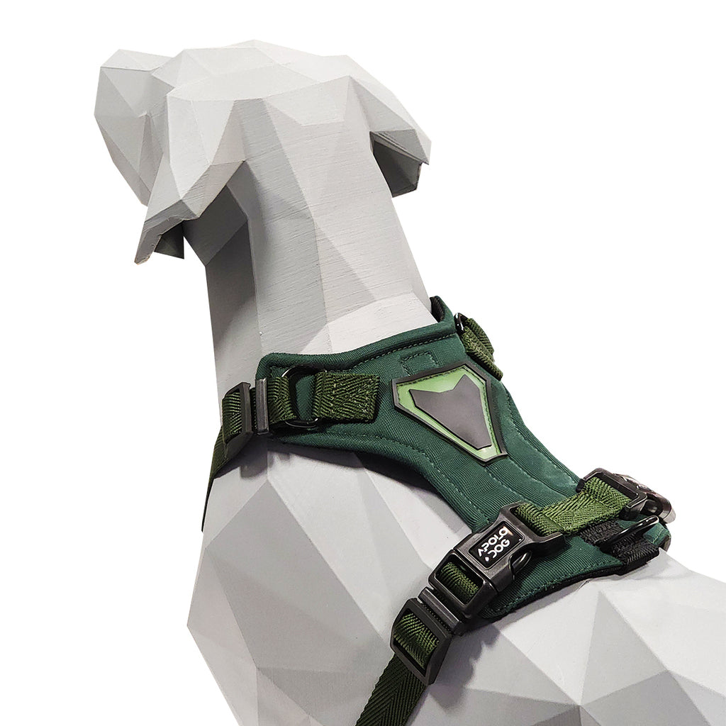 PEITORAL H VERDE MILITAR PARA CÃES COM 2 PONTOS DE ENGATE ANTIPUXÃO