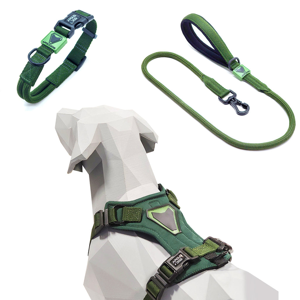 KIT COLEIRA + GUIA + PEITORAL PARA PASSEIOS CACHORRO VERDE MILITAR